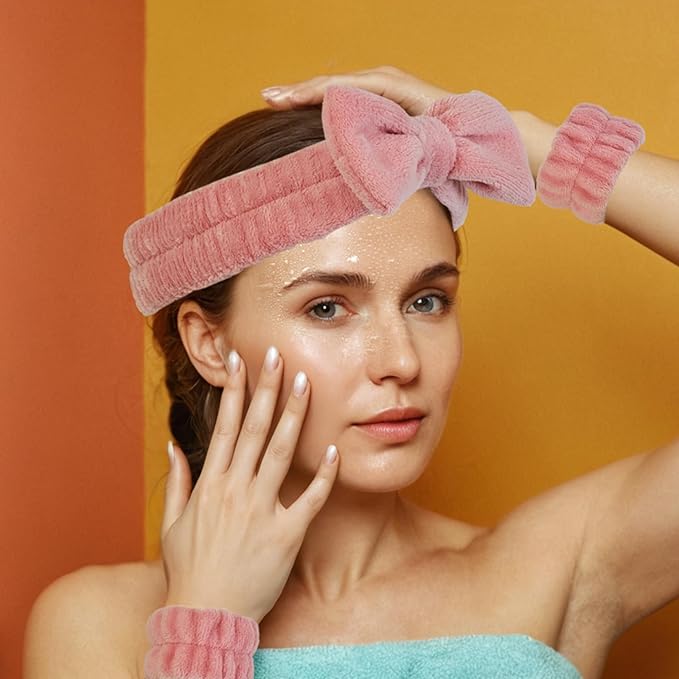 Yaqulen 7 Pcs Spa Set, Facial Headband and Wristband Set, Skincare Accessories, College Style Girl Idea Gifts, Hair Accessories for Women and Girls（ Coral Pink）