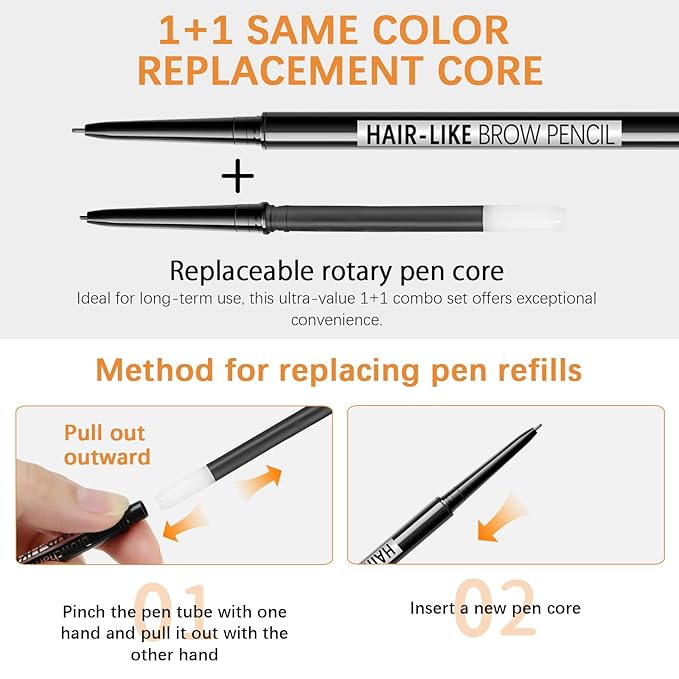 Browcharm Microblading Brow Pencil, 0.9mm Fine Tip, Waterproof Eyebrow Pencil, with 1+1 Same Color Refills, Shapes, Defines, Fills, and Contours for Full, Natural-Looking Brows (01 Black)