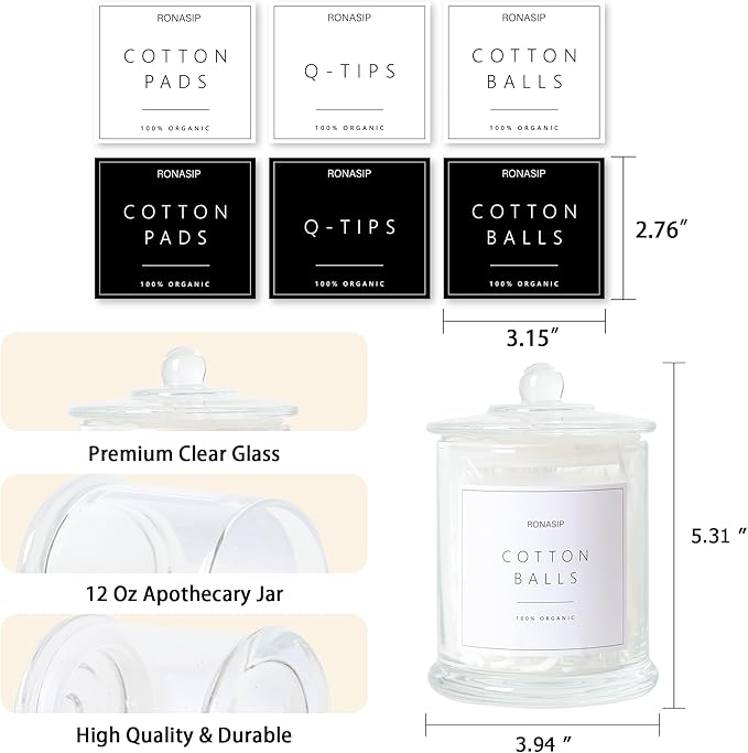 Ronasip Qtip Holder & Cotton Pad Dispenser, Bathroom Organizer and Storage Canisters, 16oz Glass Apothecary Jars for Kitchen, Restroom - Home Decor, Room Decor Aesthetic (2 Pack, Transparent)