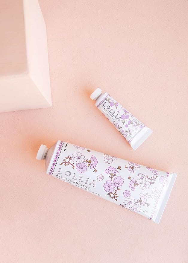 LOLLIA Relax Handcreme Bundle, 4 oz. & .33 oz. – Lavender & Honey – Scented Hand Cream for Women, Moisturizing Hand for Dry Hands, Shea & Cocoa Butter, Quick Absorbing Lotion, Travel Lotion