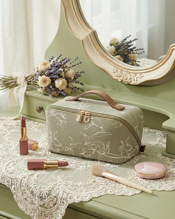 EACHY Travel Makeup Bag, Large Capacity Cosmetic Bags for Women, Waterproof Portable Pouch Open Flat Toiletry Bag Pattern Make up Bag (F-Green)