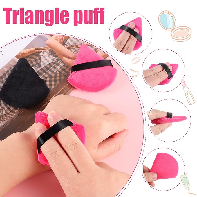 Pimoys 12 Pieces Powder Puff Soft Face Makeup Sponge Velour Triangle Powder Puffs for Loose Powder Cosmetic Foundation Sponge Beauty Makeup Tool(Black,Rose Red)