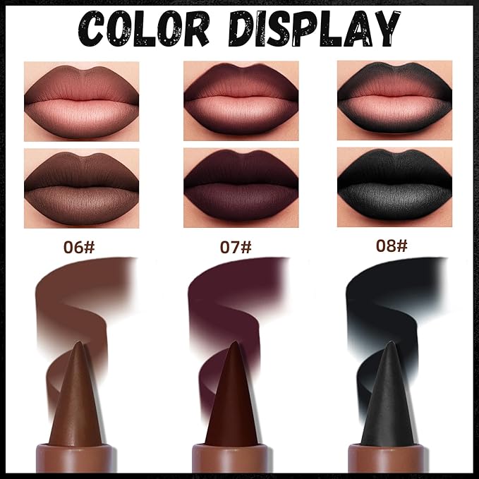 HOSAILY 3 Colors 2 in 1 Gothic Lip Liner Set, Matte Dark Brown Red Black Lip Liner Plumping Smooth Creamy Lip Pencil, High Pigmented Long lasting Lip Stain Lipstick Goth Halloween Makeup, 06+07+08