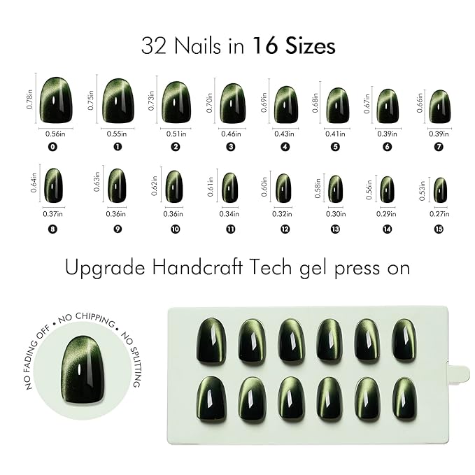 VSALON Press on Nails Short Oval - Dark Green Cat Eye Holographic Glitter Fake Nails Valentines Gifts for Woman, Reusable Opaque Gel Glue on Nails with Glue & Cuticle Oil - 32 PCS Stick on Nails in 16