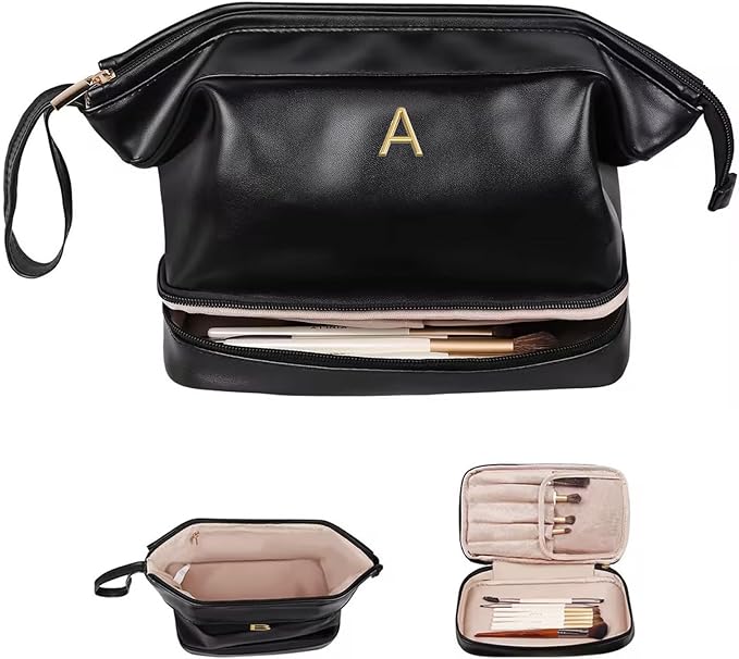 Birthday Gift Ideas, Gifts for Women, Initial Large Makeup Bag for Her, Travel Essentials, Girly Girl Stuff Cosmetic Bag with Makeup Brush Organizer, Gifts for Mothers Teens Girls