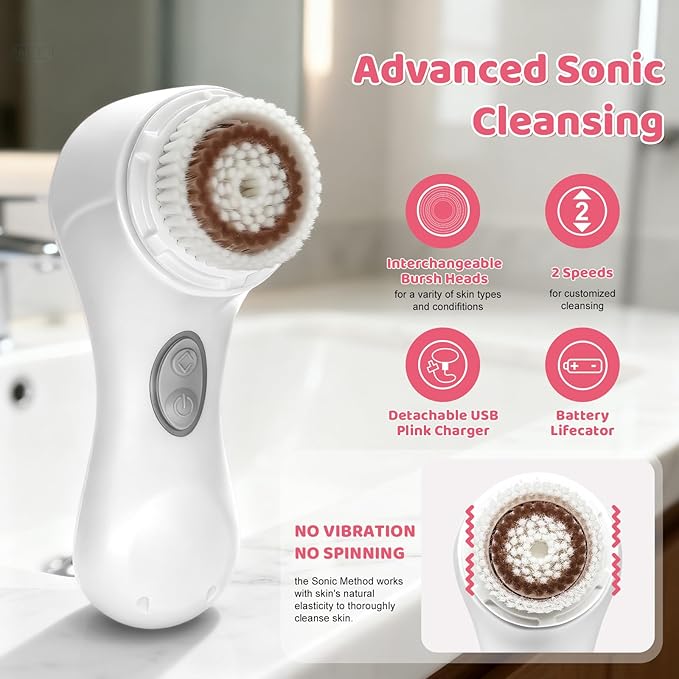 Clarisonic Mia 2 Electric Face Cleansing Brush with 2 Brush Heads, Sonic Facial Brush for Deep Cleaning & Exfoliation, Waterproof Rechargeable (White)