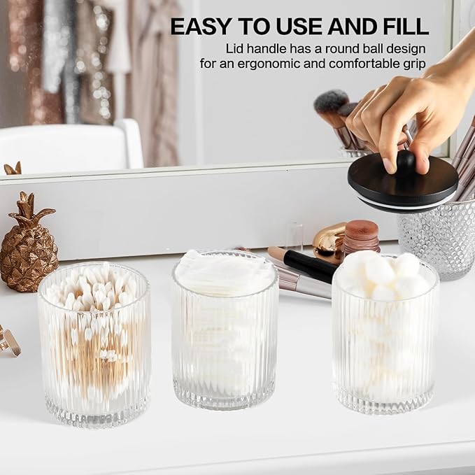 NEECZS 3 Pack Qtip Holder Bathroom Set,Cotton Pad Ball Swab Holder Cotton Round Floss Pick Dispenser with Tray,Glass Apothecary Jars with Black Lids,Bathroom Organizers and Storage Canisters