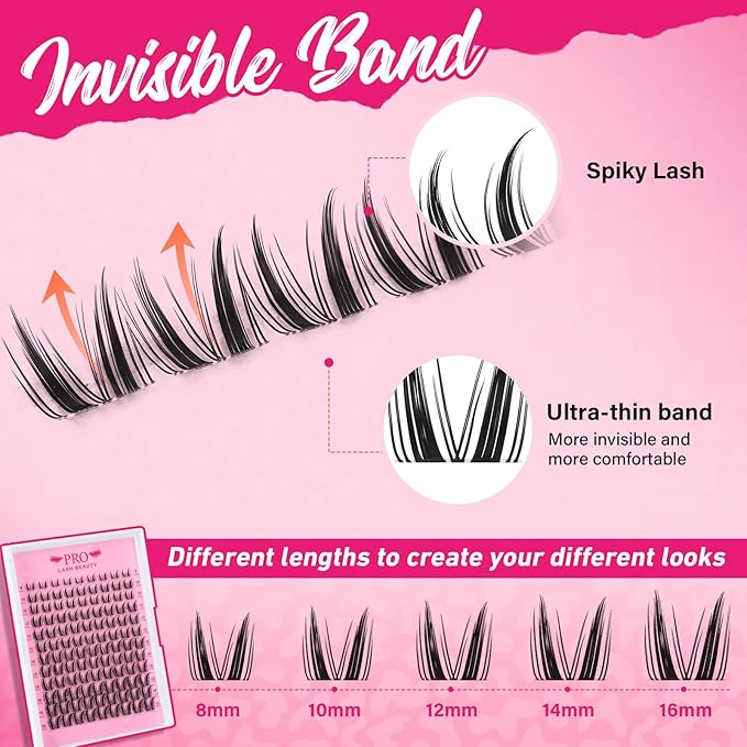 PROLASHBEAUTY Manga Lash Clusters Kit Wispy Eyelash Clusters DIY Lash Extension Kit Individual lashes Incisible Band Eyelash Extension Kit with Lash Glue, Tweezers Lash Brush (Genie,8-16mix)