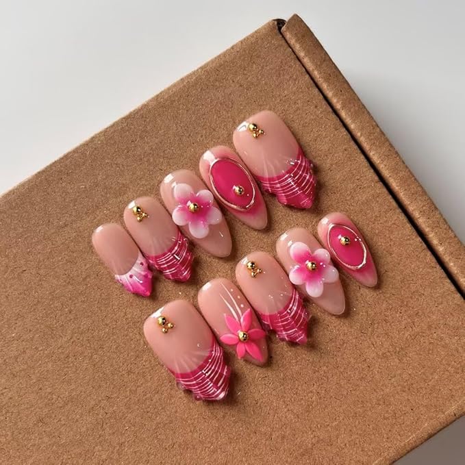 MAGLFELL 10Pcs Press On Nails Handmade Almond Shaped Fashionable Nail Art for Women, 3D French Floral Fake Nails, Reusable Artificial False Nails Pink Acrylic Nails Kit (Size M)