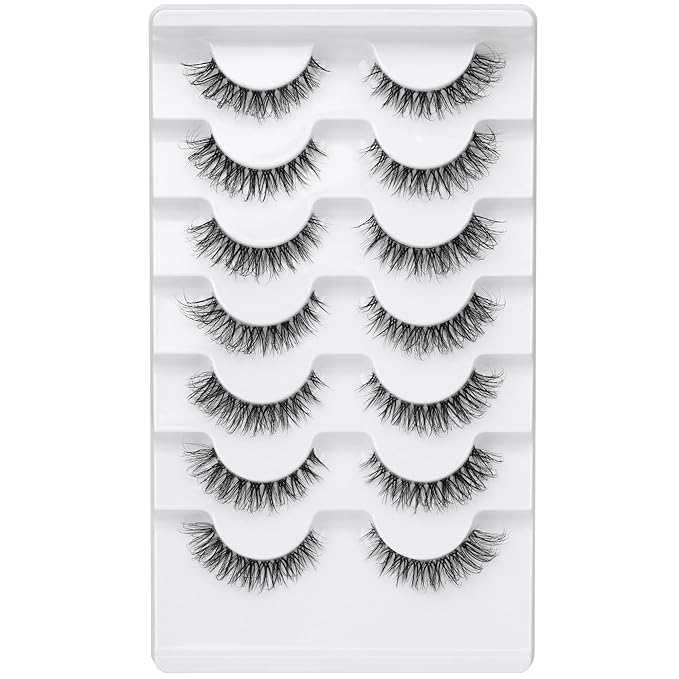 JIMIRE Demi-wispies Faux Mink Eyelashes with Clear Band Russian Strip Lashes Fluffy Natural Look Wispy Light 13MM Short False Eyelashes Invisible Small 3D Fake Lashs Pack 7 Pairs