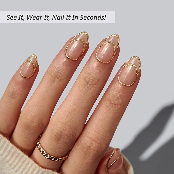 BTArtbox French Tip Press On Nails - Double Gold, Lamp-Curable 3D Gold Line Short Almond Press On Nails with Glue and Adhesive Tabs for Women in 16 Sizes - 32 Soft Gel Glue On Nails Kit