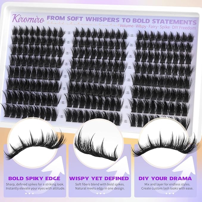 Kiromiro Lash Clusters with Spikes Cluster Eyelash Extensions 12-20mm Wispy Lashes Clusters 216pcs Fluffy DIY Cluster Lashes Extensions Fairy Individual Eyelash Clusters