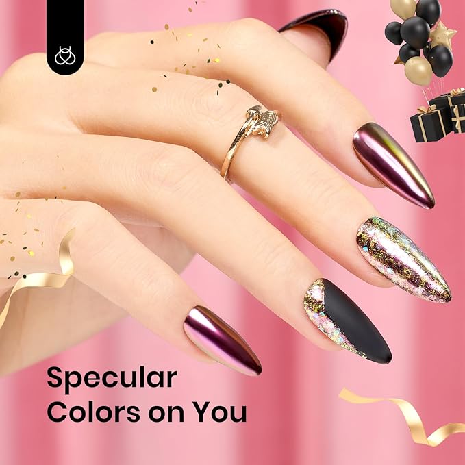 Beetles Chrome Nail Powder Gold Silver Mirror Effect 8 Colors Holographic Aurora Iridescent Pearlescent Manicure Nail Art Decoration Glitter Cromer Nail Powder for Nails 1g/Jar Gift for Women