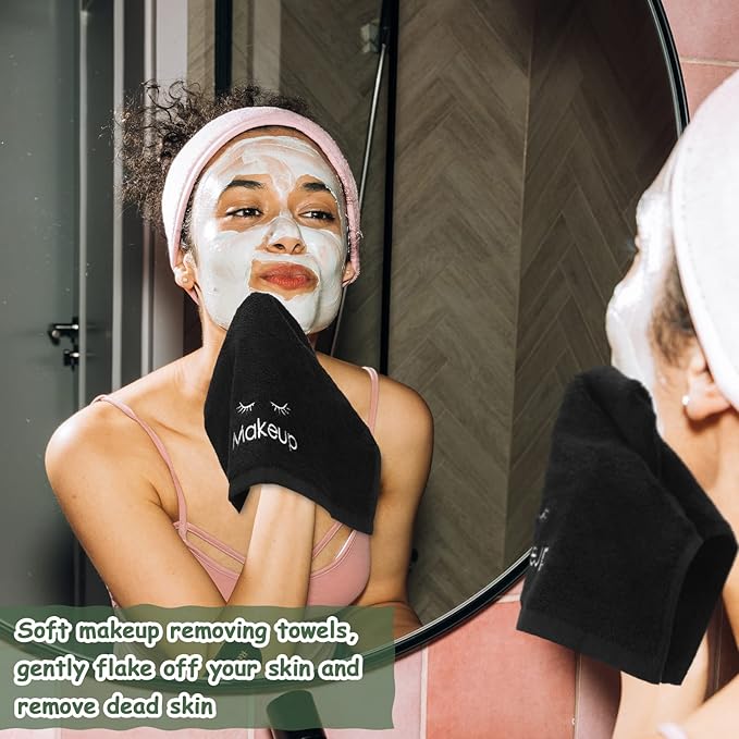 Shimeyao 13x13 Inch Makeup Washcloths Reusable Makeup Remover Cloths Facial Cleansing Towels Cotton Cosmetic Towel Water Absorbent Cloth Face Towels for Women Skin Care, Black(12 Pcs,Classic Style)