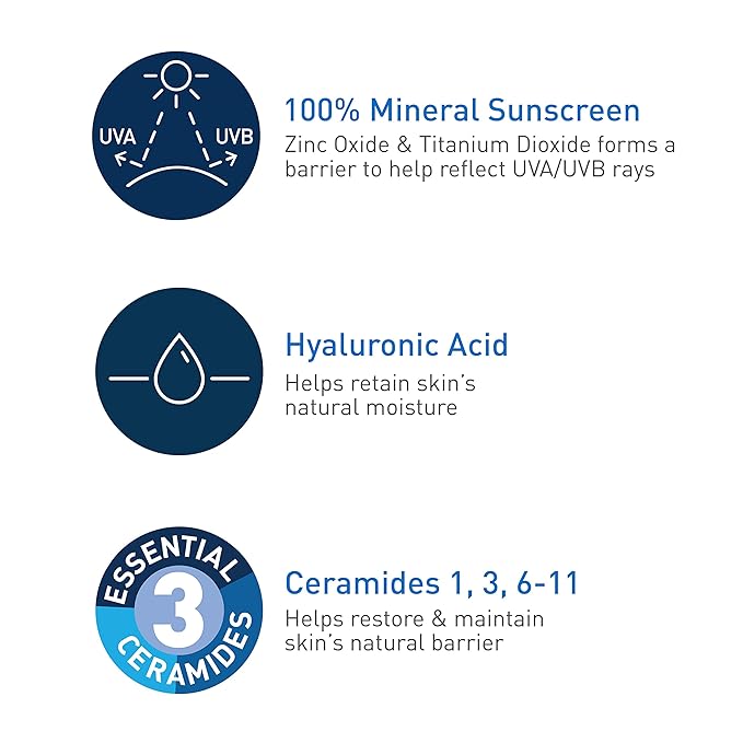 CeraVe 100% Mineral Sunscreen SPF 50 with Zinc Oxide & Titanium Dioxide, Hyaluronic Acid & Ceramides, Oil Free & Non-Greasy, Hydrating Mineral Sunscreen For Body, 5 oz