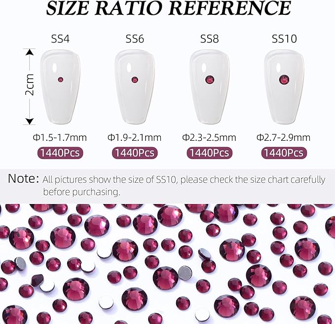 Meibite Purple Flatback Rhinestones, Glass Rhinestones for Nail Art and Craft, Glue Fix, Loose Crystal Gemstones(Purple, SS8, 1440pcs, 2.3-2.5mm)