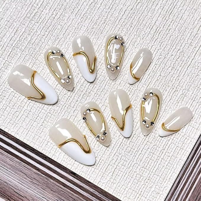 Small MAGLFELL Women Press On Nails - White Almond False Nails 10Pcs Luxury Handmade 3D Painting Art ABS Acrylic Artificial-S size