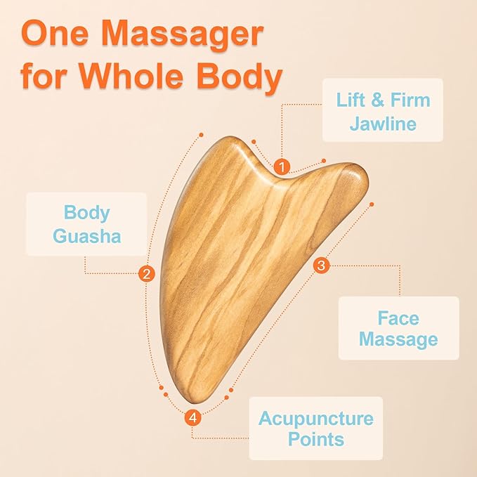 Gua Sha Facial Tools - Face Massager Tool for Lymphatic Drainage, Jawline Shaper, Double Chin Reducer, Face Sculpting Tool with Pouch - Skin Care Gift for Mum Wife, Natural Olive Wood