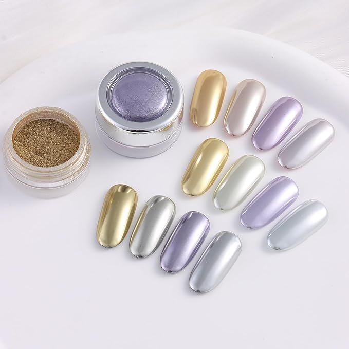 SUTOKAKA 4 Jars Chrome Nail Powder Silver Gold Purple Magic Aurora Powder Iridescent Holographic Glitter Pigment Nail Art Fimo Decoration for Women Salon Use