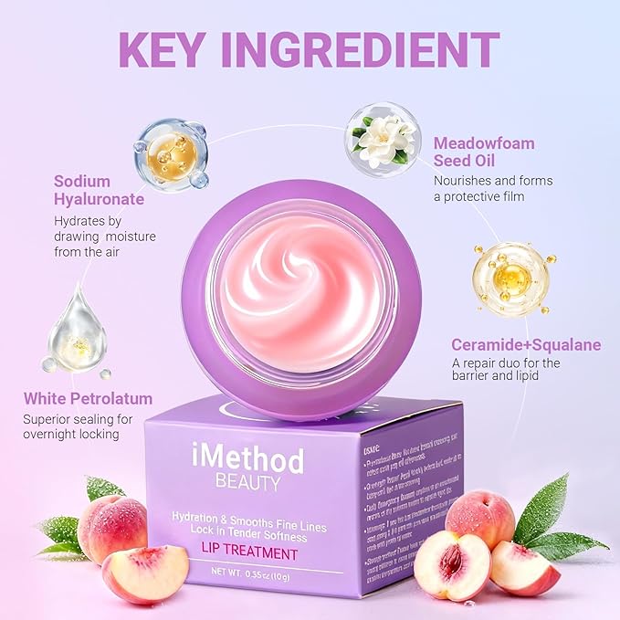 iMethod Lip Mask Overnight - Lip Sleeping Mask for Dry Lips, 8-Hour Hydrating Lip Balm with Hyaluronic Acid, Intense Moisturizing Lip Treatment to Nourish & Repair - Peach
