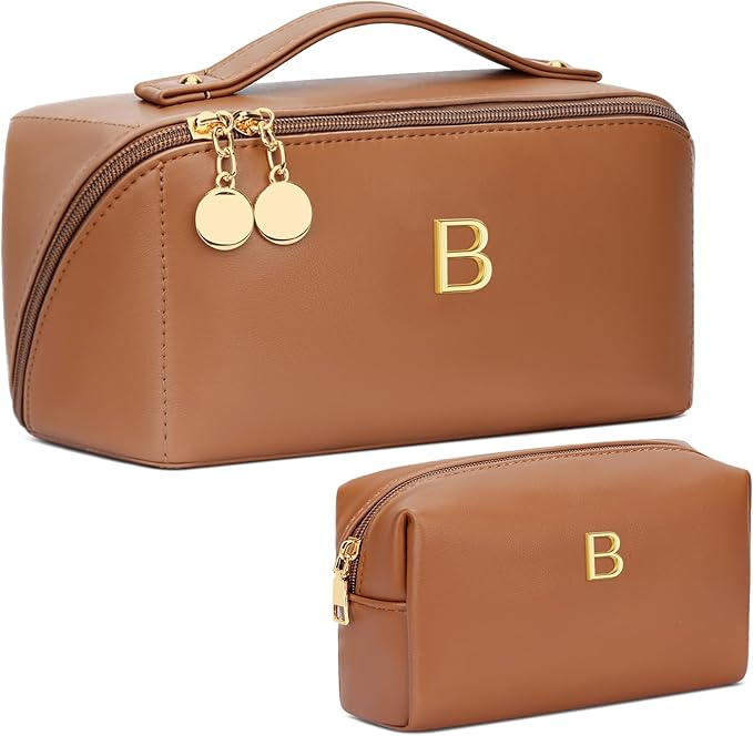 Birthday Gifts for Women Teen Girl, Personalized Initial Makeup Organizer Bag Set, Open Flat Travel Cosmetic Bag With Clear Divider and Handle(Brown,B)