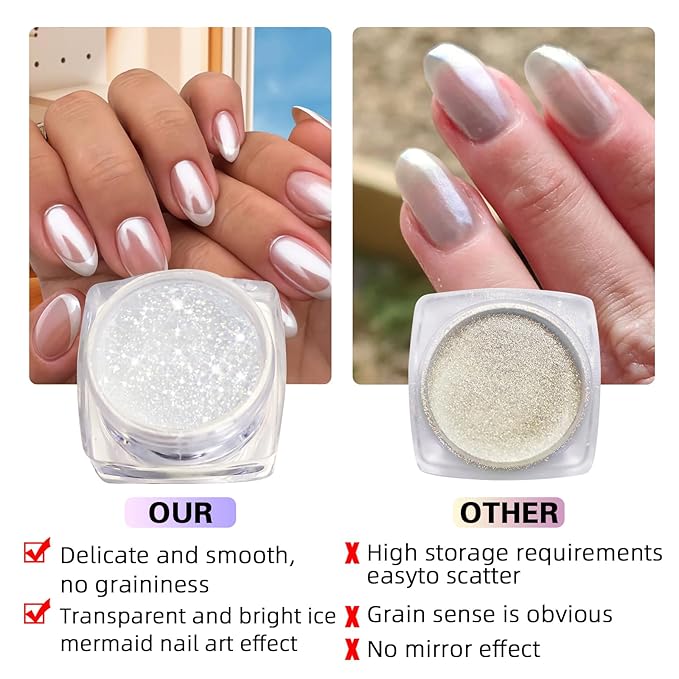 BISHENGYF Pearl Chrome Nail Powder:【Super Transparent】 White Pearl Chrome Nail Powder Ice Shimmer Jewelry Transparent Aurora Glazed Donut Chrome Nail Powder for Nails Art DIY