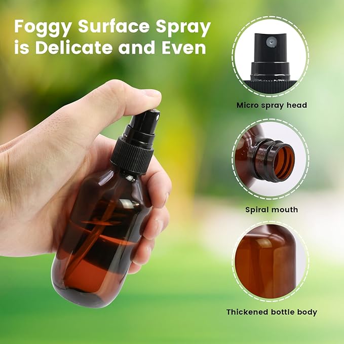 TRENDBOX 6 Pack 3.4oz Amber Spray Bottles, Small Fine Mist Mister Plastic Travel Bottles, Empty Bottles Set for Essential Oils Hair