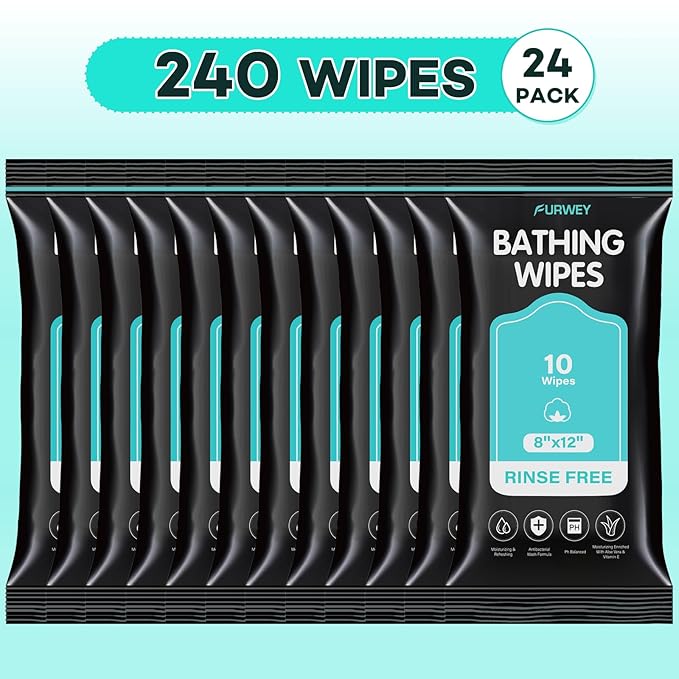 XL Bathing Wipes No Rinse for Adults – 24 Packs (240 Count)- Extra Thick & Large Shower Wipe, Ideal for Men, Women & Elderly – Soft & Gentle Disposable Bath Wipes - Camping & Travel Essentials
