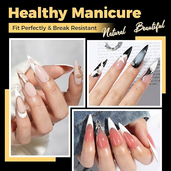 UNA GELLA Long Stiletto Gel Nail Tips, 600Pcs Pre Etched Long Stiletto Almond Nail Tips Clear Fake Nails Press on Nails No C Curve for DIY Art Salon at Home 12 Sizes