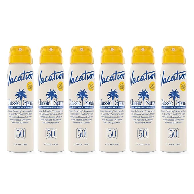 Vacation Mini Classic Sunscreen Spray SPF 50, Water-Resistant, Mini Sunscreen Bulk Party Favor, Sunblock Travel Size, TSA Suntan for Carry On, 1.7 Fl. Oz. (Value Pack of 6)