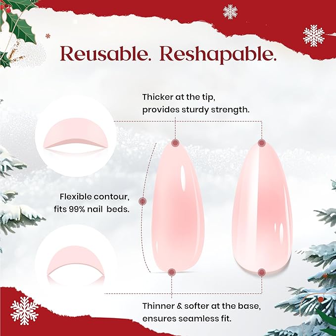 Beetles Christmas Press On Nails - Christmas Snow | Short Almond Press On Nails | 32Pcs 16 Sizes Natural Salon Quality Nail Tips With Quick-drying Nail Glue For Women