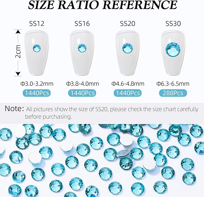 Meibite Aquamarine Flatback Rhinestones, Glass Rhinestones for Nail Art and Craft, Glue Fix, Loose Crystal Gemstones(Aquamarine, SS16, 1440pcs, 3.8-4.0mm)