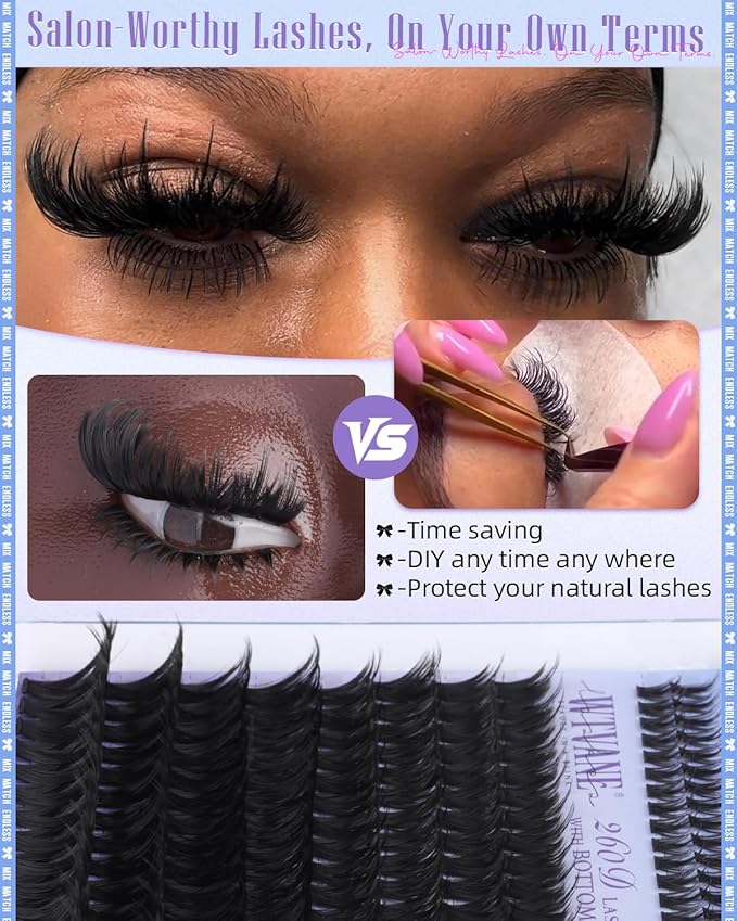 Wtvane 260D Lash Clusters Volume Eyelash Clusters 12-20mm Manga Lash Extension 6-7mm Bottom lashes Clusters D Curl Individual Lashes Long Cluster Eyelash Extensions Spiky False Eyelashes Baddie Look