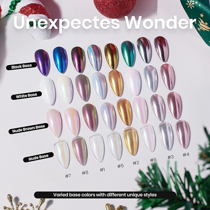 Beetles Chrome Nail Powder 8 Colors Mirror Effect Gold Silver Holographic Aurora Iridescent Pearl Manicure Nail Art Decoration Glitter Cromer Nail Powder for Nails 1g/Jar Gift for Women