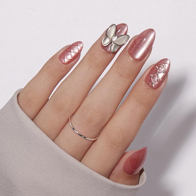 VSALON Press-On Nails Short Almond - Pink Cat Eye Chrome 3D Sculpting Metallic Design for Woman, Reusable Fake Nails & Soft Gel Nail Glue, Protector Cuticle Oil, Tabs & Nail File - 32 PCS in 16 Sizes