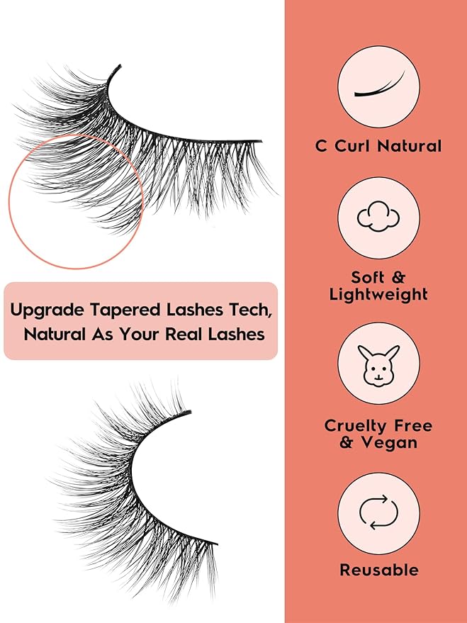 Cat Eye Lashes - Natural 15mm Wispy False Eyelashes, Thin Band, 3D Volume, Curly, 7 Pair Pack