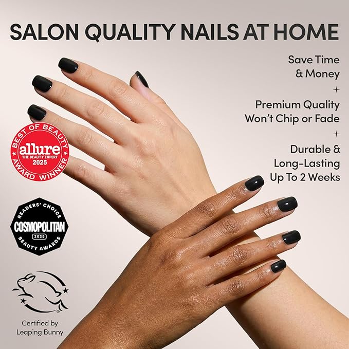 Glamnetic Press On Nails - Jet Black | Short Squoval Black Fake Nails with a Glossy Finish, Salon Quality Halloween Nails | 15 Sizes - 30 Nail Kit with Glue