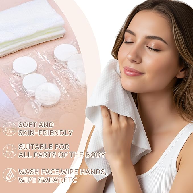 Tellingyou Larger Compressed Towel Bulk 14 x 10'' Thicker Disposable Face Washcloths, Portable Coin Tissues Cotton Wipe Tablets Travel Size Individual Wrap for Travel Homeless Hand Clean