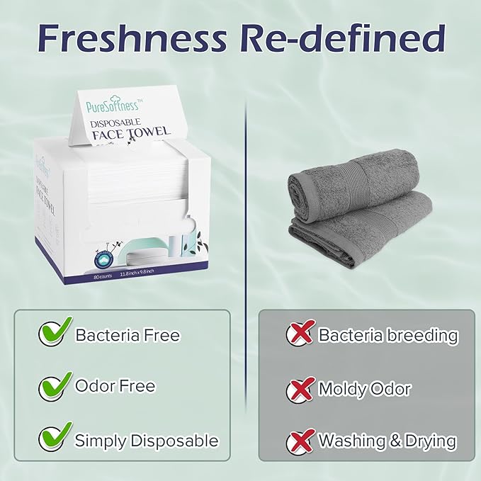 PureSoftness Disposable Face Towel, Clean Towel, Extra Large 12" x 10", Soft Dry Wipe Face Wash, Makeup Remover, Biodegradable Towelette for Sensitive Skin 320 Count (4 Pack)