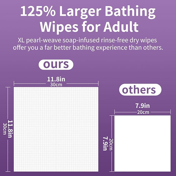 4 Packs XL No Rinse Body Wipes for Adults Bathing, Rinse Free Bathing Shower Wipes for Adults. Soap Infused, Disposable Body wipes for Elderly 100 PCS for Camping, Elderly, Post Surgery, Gym