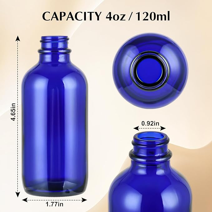 Exlvanto Small Glass Bottles with Lids Boston Round Shot Bottles for Health, Immunity, Ginger Juice, Essential Oils, Potion - Leak Proof Mini Travel Containers (Blue UV, 4oz-12Pack)