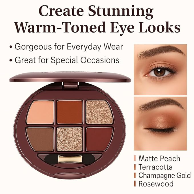 Matte Shimmer Glitter Mini Eyeshadow Palette – 6-Color Warm Caramel Rust Eye Shadow Kit, High Pigment Long-Lasting Waterproof Nude Brown Smokey Eyes Makeup Palette for Daily Wear & Soft Glam Looks