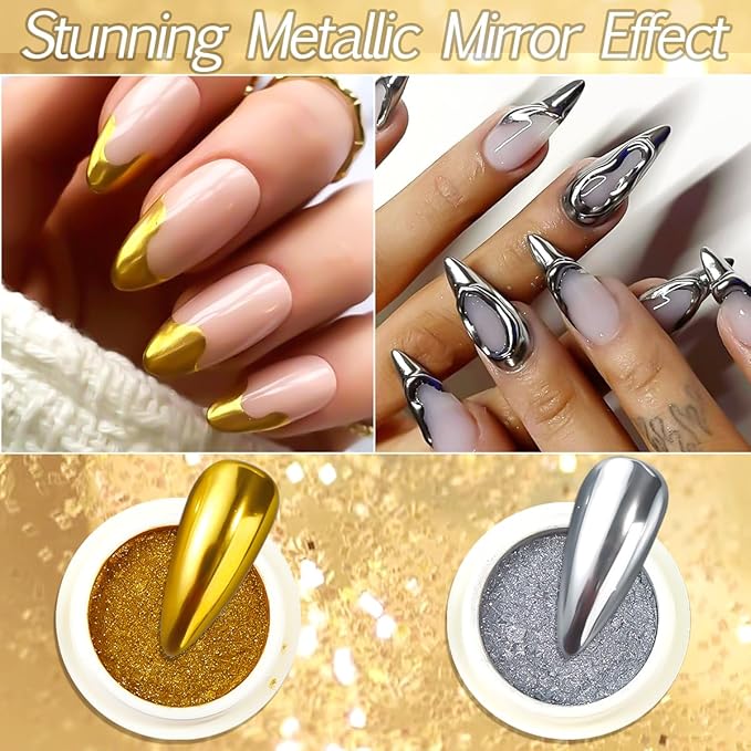 6 Colors Chrome Nail Powder,Gold Silver Super Metallic Effect Chrome Powder for Nails,Holographic Mirror Glitter White Pearl Pigment Dust Kit for Gel Polish Nail Art Decoration Manicure Nail Supplies