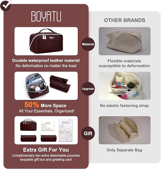 BOYATU Travel Makeup Bag Cosmetic Bags for Women: Large Capacity 3 Pcs Set Make up Bag with Compartments - Waterproof Vegan Leather Toiletry Organizer Bags with Handle (L14 Wine red)