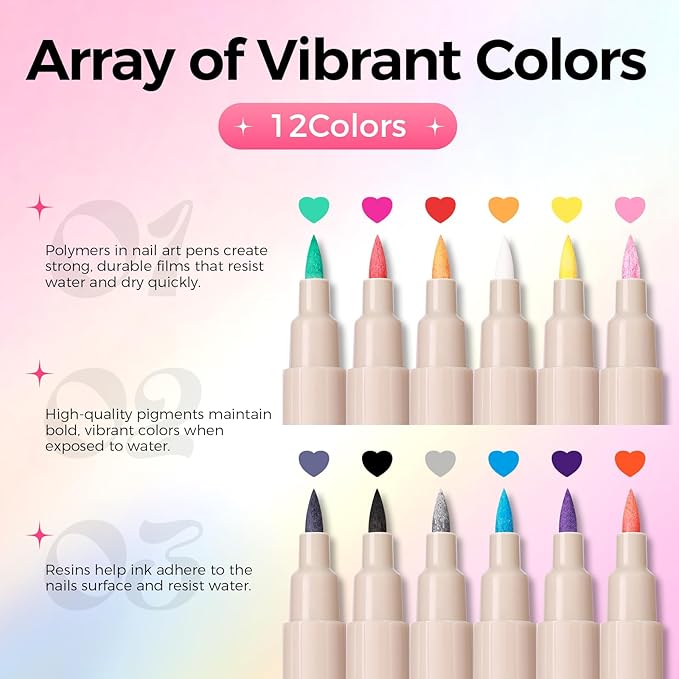 GELLAKTIK 12 Colors Nail Art Pens Set, 3D Nail Polish Pens Quick-Drying Acrylic Paint Markers, Dotting Liner Brush for DIY Nail Design, Home & Salon Manicure Tools