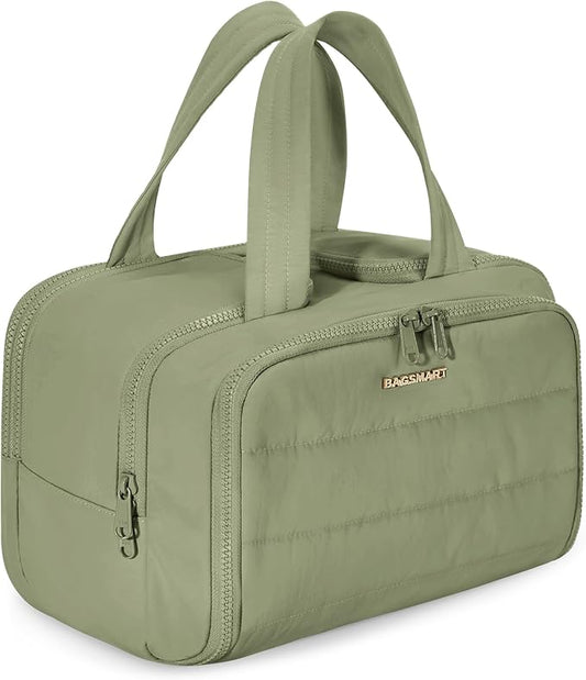 BAGSMART Travel Toiletry Bag, Lightweight Large Wide-open Travel Bag for Women, Puffy Cosmetic Makeup Bag Organizer with Handle for Accessories,Essentials, Toiletries, Green