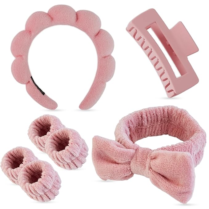 Yaqulen 7 Pcs Spa Set, Facial Headband and Wristband Set, Skincare Accessories, College Style Girl Idea Gifts, Hair Accessories for Women and Girls（ Coral Pink）