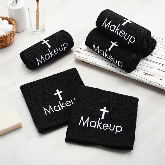 Shimeyao 13x13 Inch Black Makeup Towels Reusable Makeup Washcloths for Face Facial Remover Washcloths Absorbent Cotton Towel for Women Skin Care (6 Pcs,Cross Pattern)
