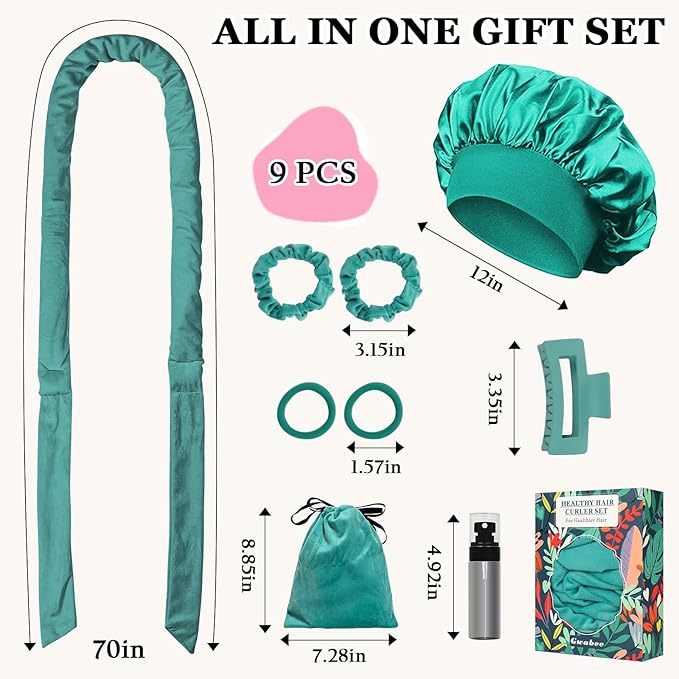 Gwabee No Heat Overnight Curl Headband, 70" Soft Ribbon Wrap for Long Hair, 9 PCS Hair Curling Rods Set - Blue Green