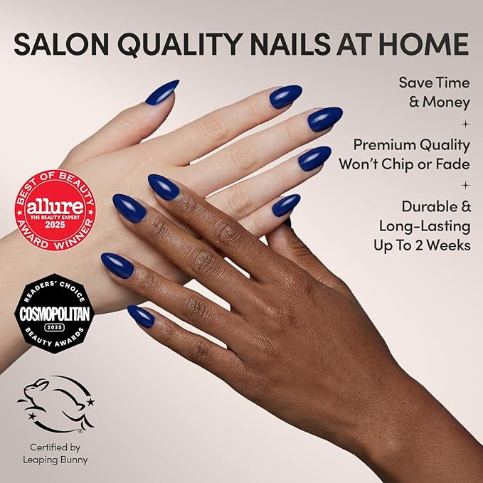 Glamnetic Press On Nails - Midnight Blue | Opaque Dark Navy Blue Short Almond Fake Nails, Salon Quality | 15 Sizes - 30 Nail Kit